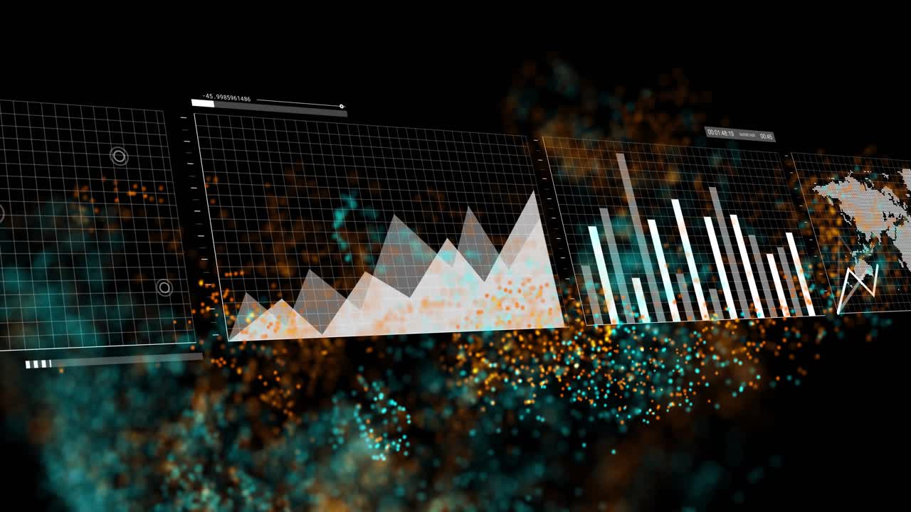 Translucent data panels being animated, floating and showing charts with teal and orange particles