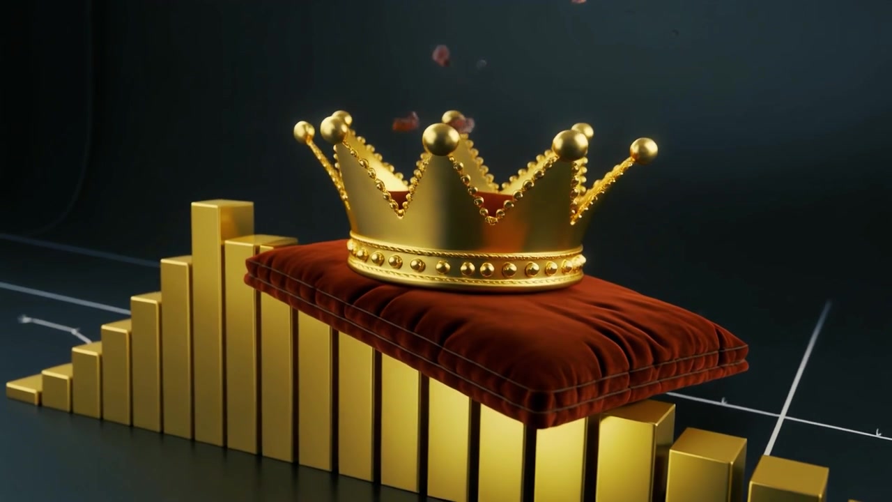 Corona d'oro che atterra su un cuscino di velluto rosso sopra un grafico a barre finanziario