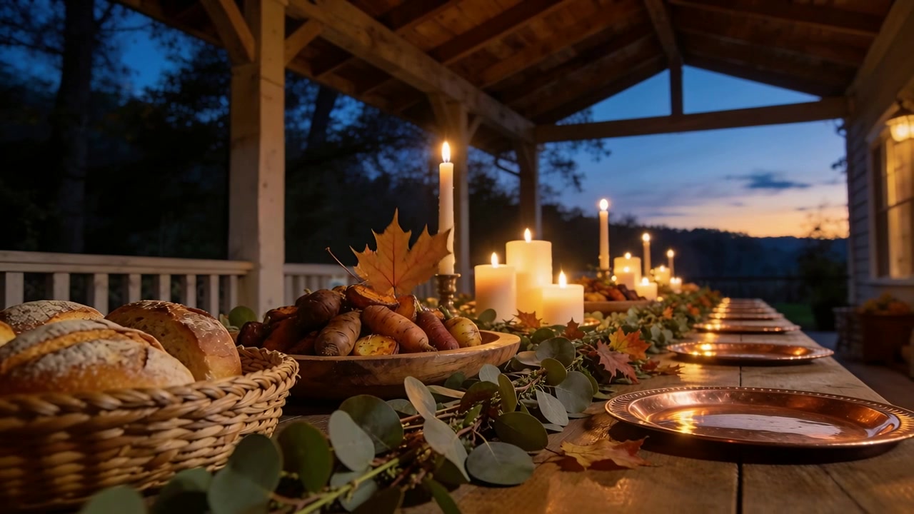 Drifting maple leaf settling onto wooden table at porch, with candles, signaling autumn evening