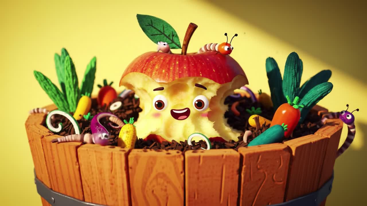 A Cheerful Apple Character Surrounded by Colorful Vegetables and Snails in a Whimsical Garden Landscape