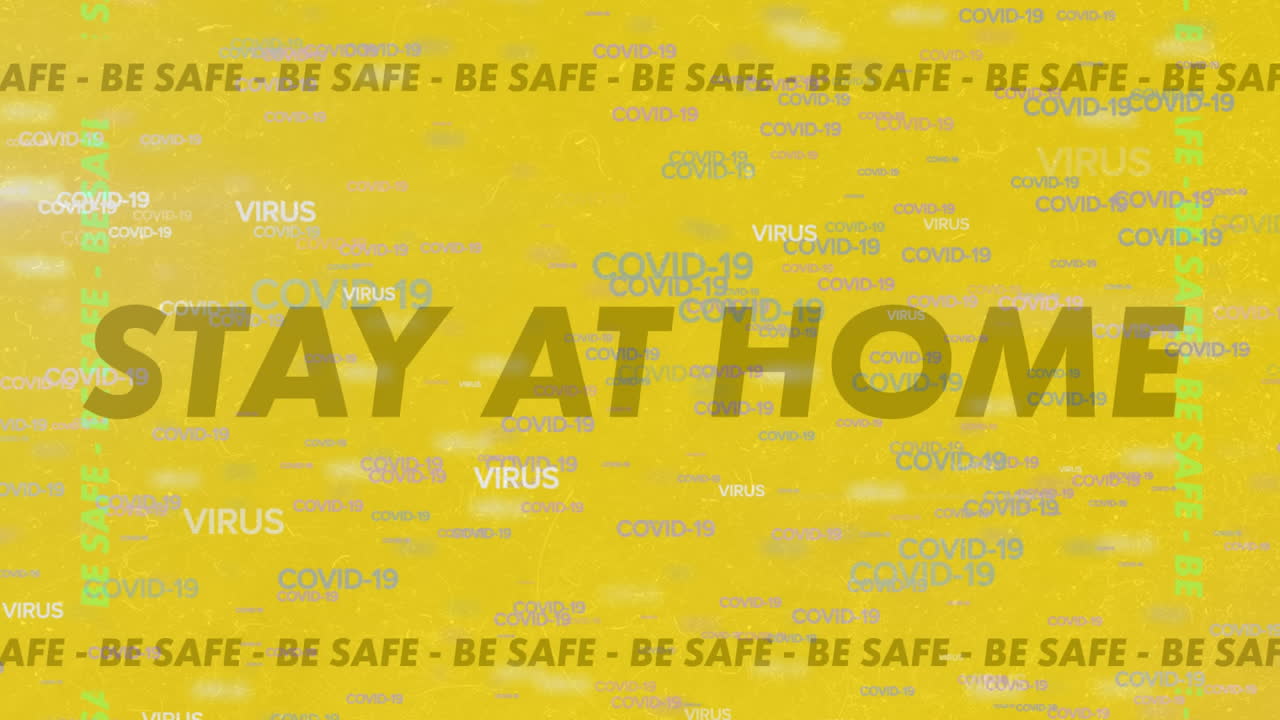 "집에 머물고 안전하세요"라는 애니메이션은 노란색 배경에 "코로나19"를 프레임합니다.