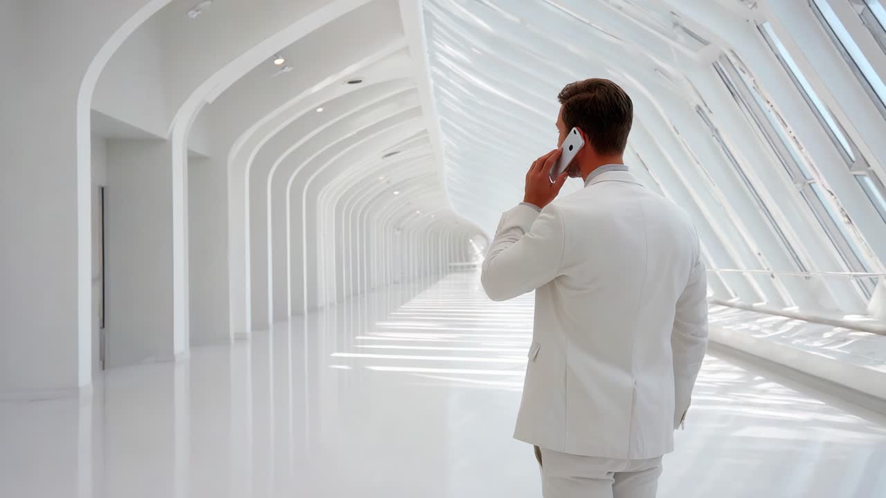 Un uomo d'affari moderno in un elegante abito bianco che cammina in un corridoio luminoso e minimalista mentre risponde a una chiamata sul suo smartphone