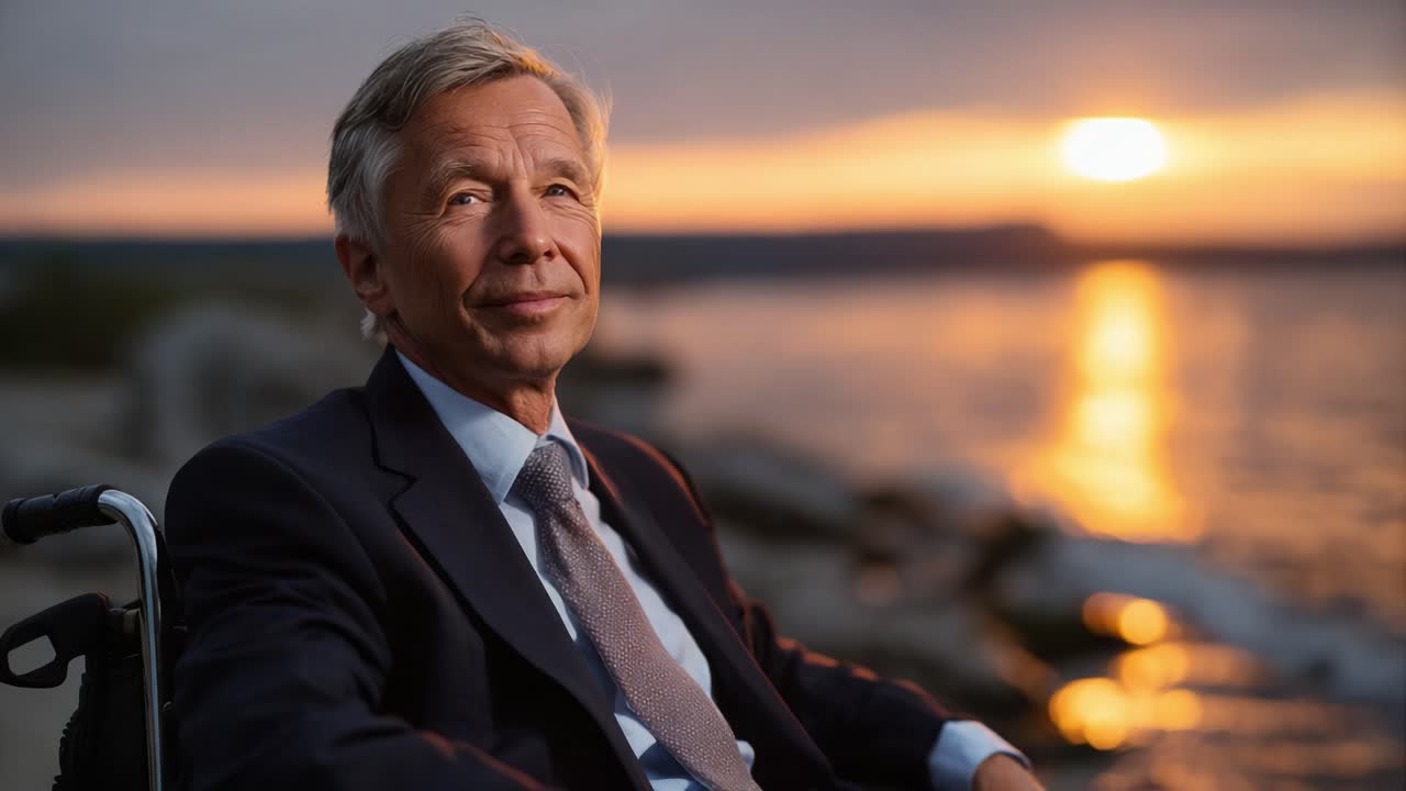 A thoughtful man in formal attire reflecting on life by the serene lakeside at sunset, exuding calmness and confidence from his wheelchair