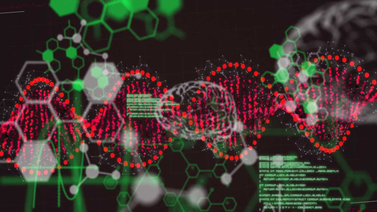 데이터 처리 위에서 회전하는 dna 가닥의 애니메이션