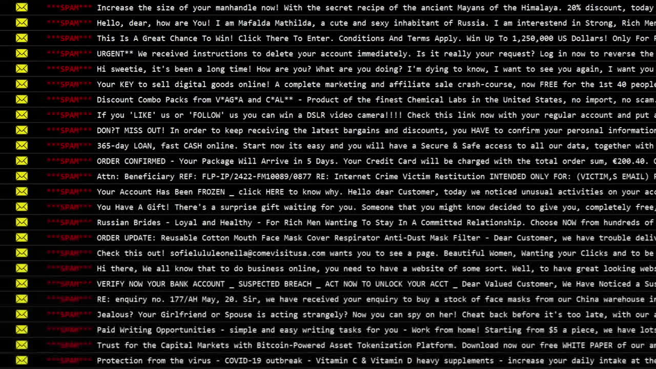 A dark, disquieting email inbox, full of spam mail