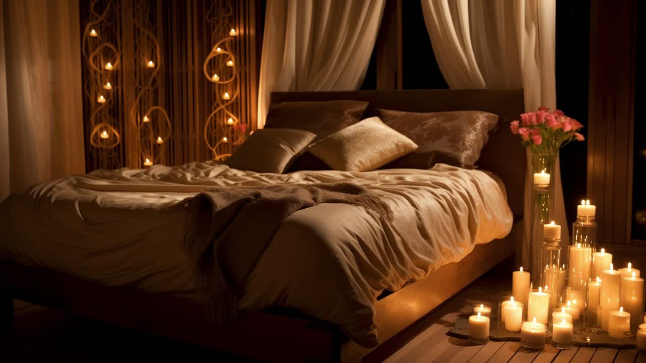 Creating a romantic ambiance, a cozy bed with luxurious silk sheets and plush pillows sits in a softly lit bedroom, enhanced by the warm glow of candles