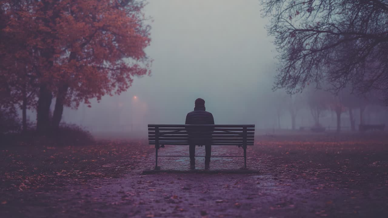 A solitary figure sits on a bench amidst a foggy landscape, surrounded by autumn foliage, evoking a sense of contemplation and tranquility in nature's embrace