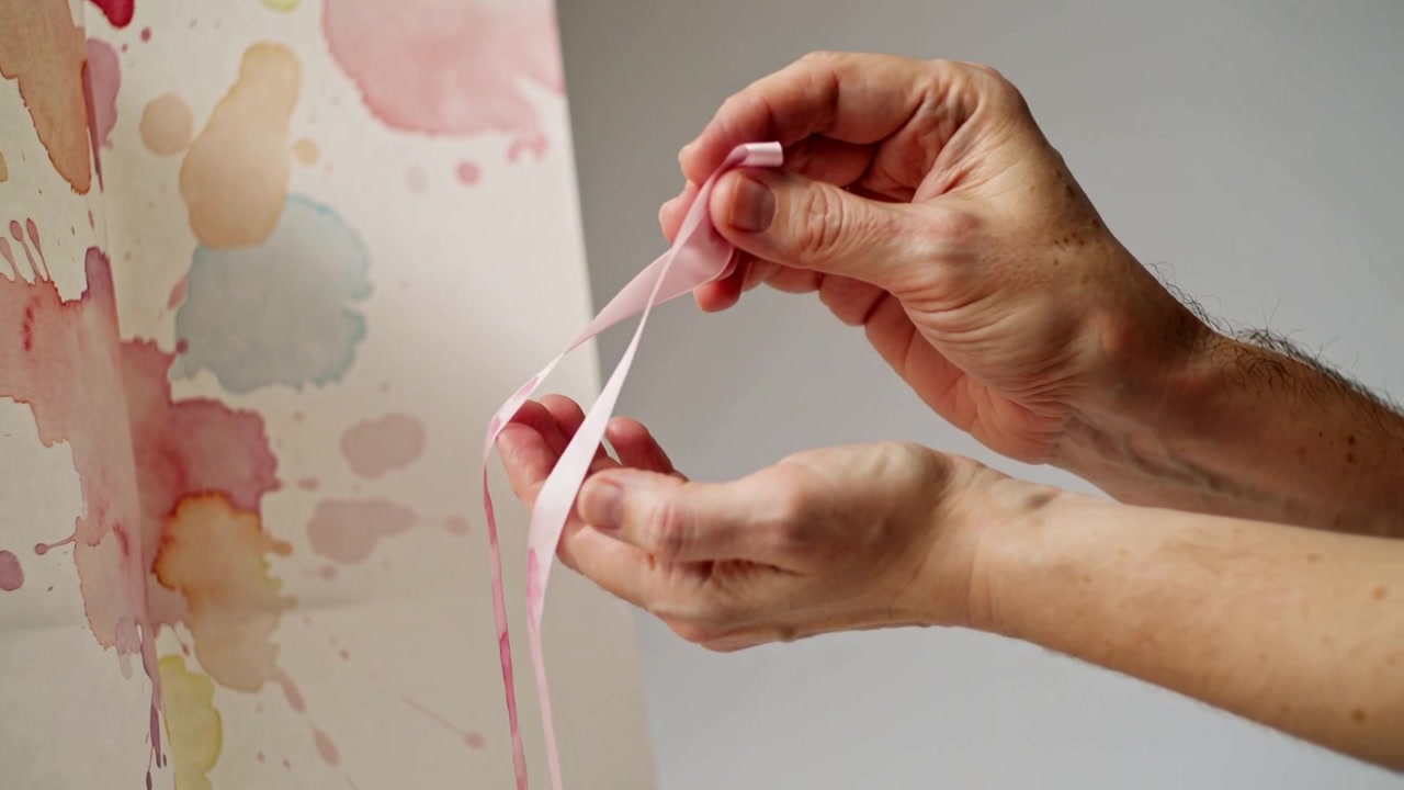 Pinching ribbon top, adult hands twisting and separating pink ribbon at craft desk for panel decor
