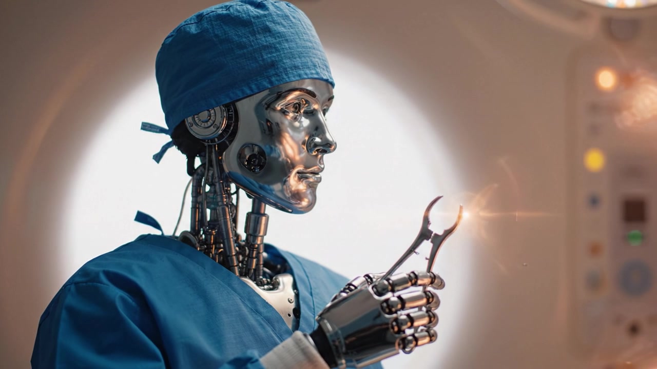 Advanced Surgical Robot Holding Surgical Instrument in a Clinical Setting, Showcasing the Integration of Technology in Modern Medicine Procedures and Operations