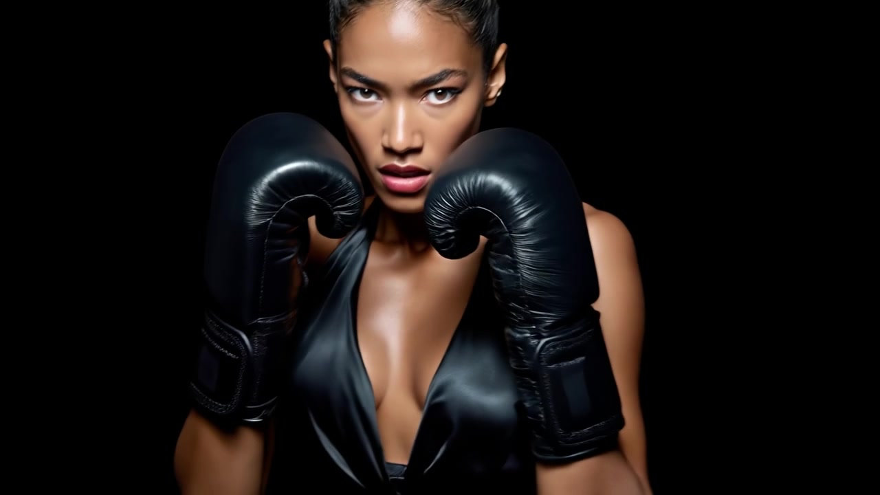 Atleta donna sicura di sé con guantoni da boxe neri in posa per un ritratto su uno sfondo scuro.