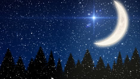 animation of snow falling over fir trees, glowing stars and moon on blue sky