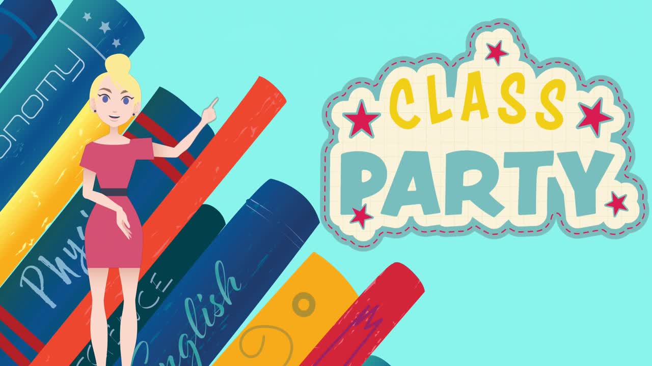 Animazione di una donna che parla sopra il testo 'festa di classe' e icone di libri