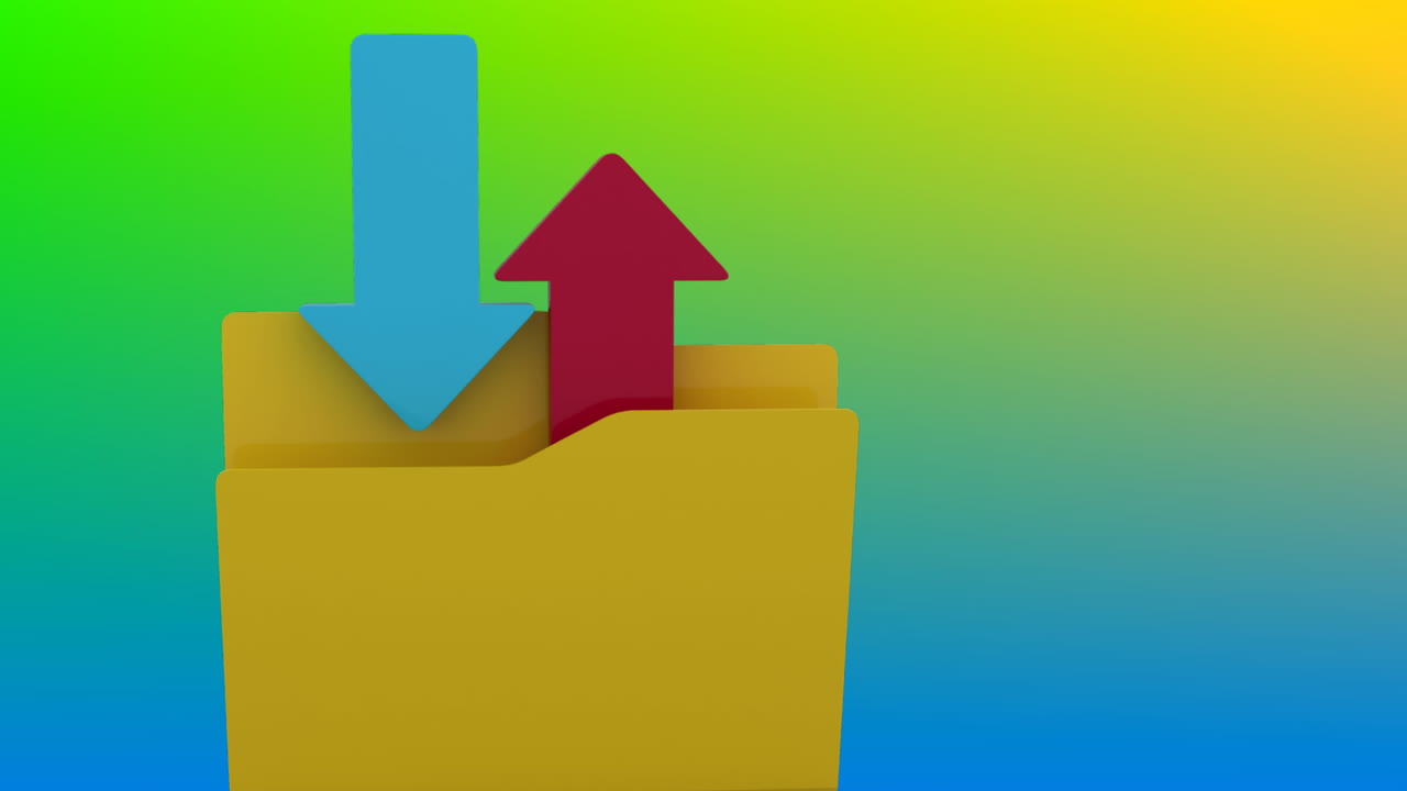 animación digital del icono de la carpeta de descarga y carga contra un fondo de gradiente azul y amarillo