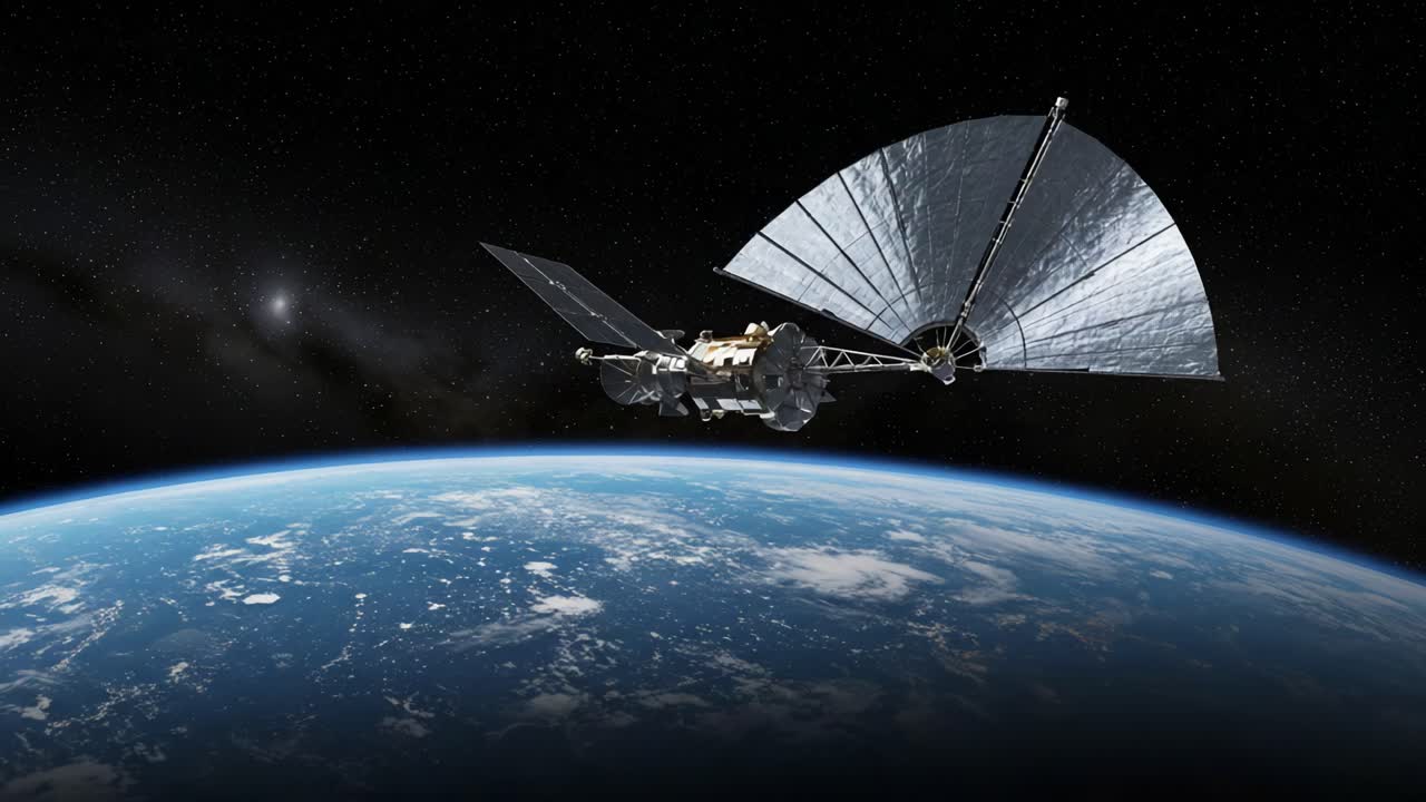 A Spacecraft in Orbit: Exploring the Vastness of the Cosmos with Its Solar Panels and Scientific Instruments Below a Blue Planet and Starry Background