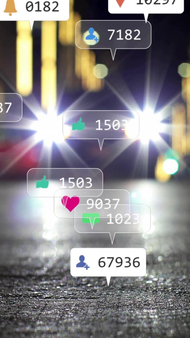 Animation af ikoner og databehandling over en uskarpt by