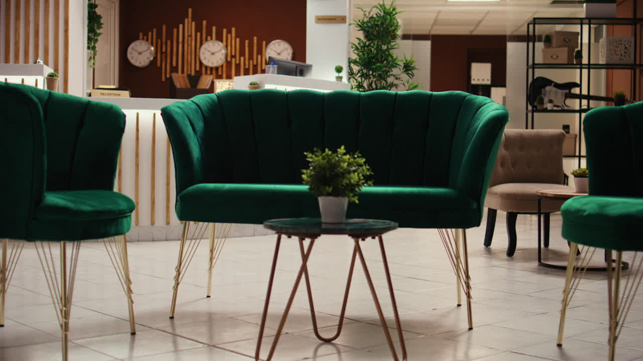 Crane down shot of hotel lobby