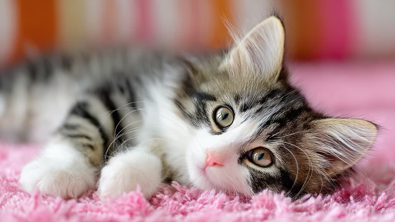 Un gatito juguetón relajándose cómodamente sobre una suave piel rosa, capturando el encanto y la curiosidad de los felinos jóvenes en su acogedor entorno