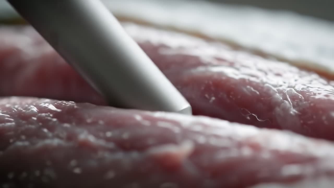Demonstrating an effective method for tenderizing pork fillets using a handheld tool in a clean kitchen. This technique helps enhance flavor and texture for perfect meals.