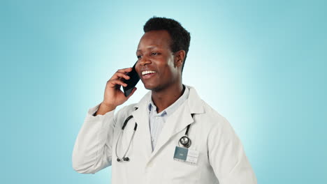 doctor, talking and phone call of man in studio