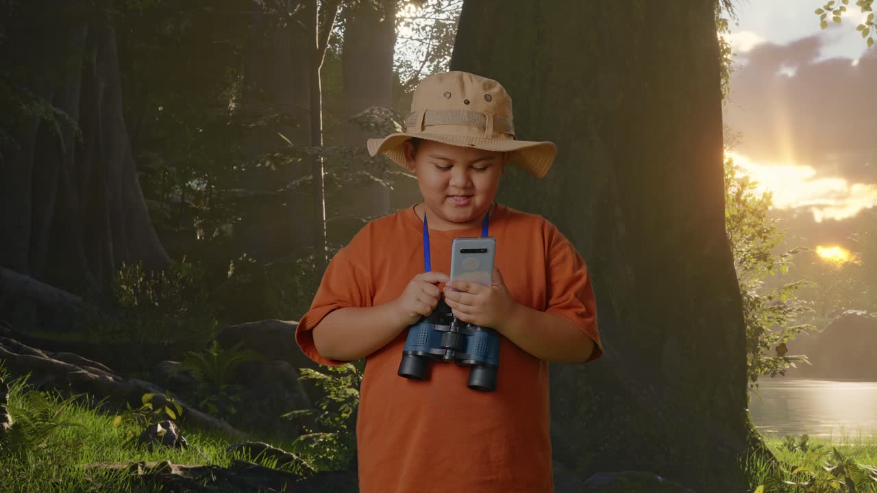 азиатский мальчик с шляпой и биноклем смотрит на смартфон и улыбается, исследуя лесную природу. мальчик-исследователь исследует что-то, концепцию путешествия, туризма и приключений
