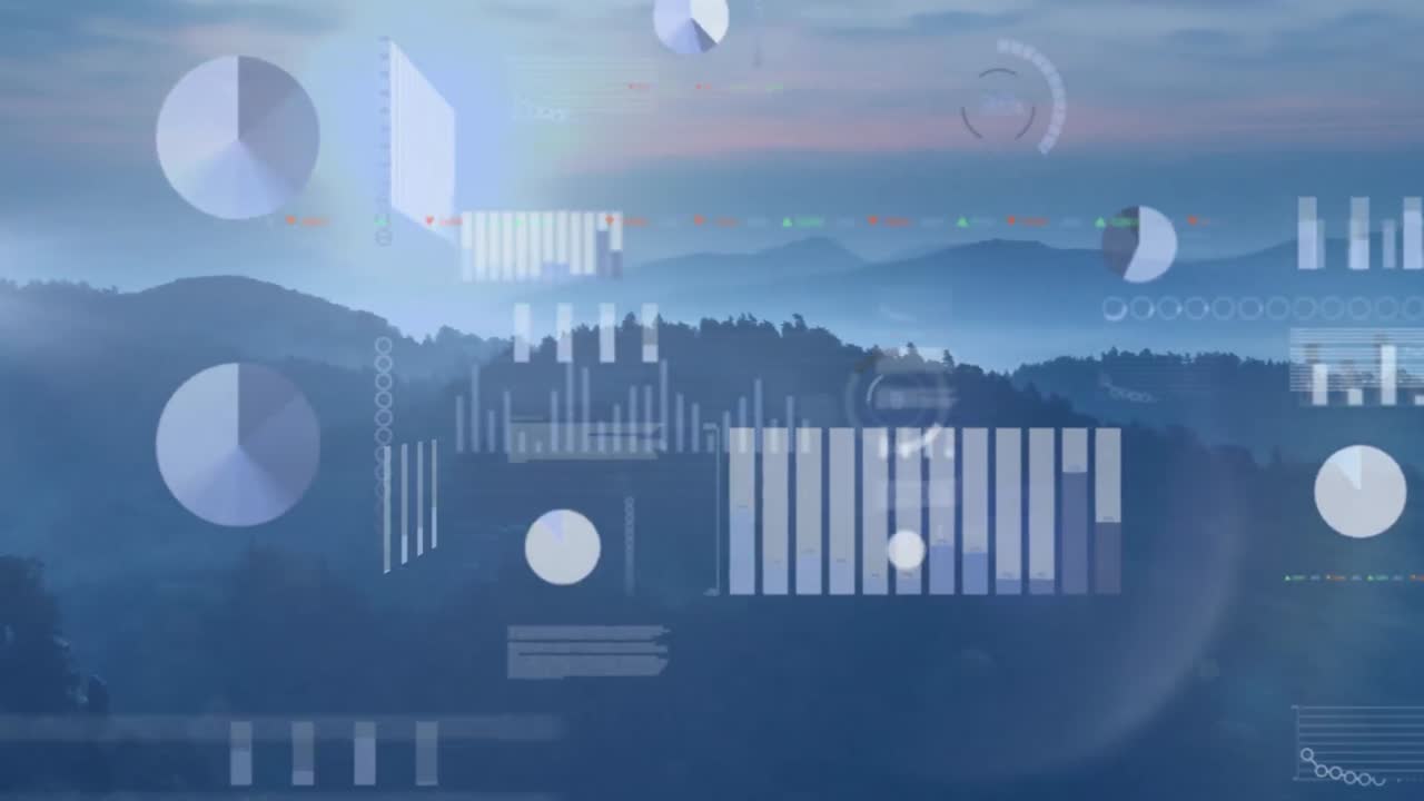Animation of diverse data and graphs over landscape at sunset