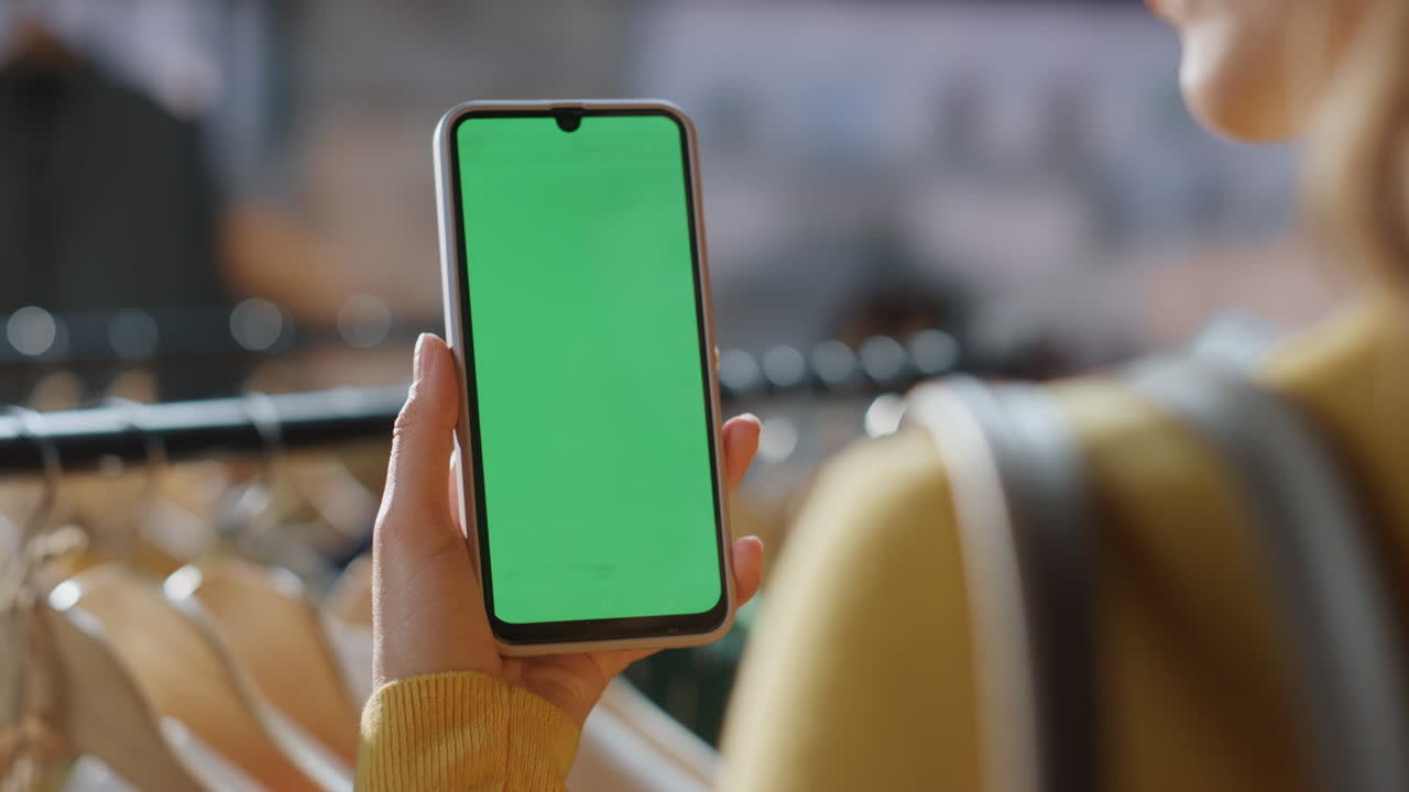 mujer cliente desplazamiento chromakey teléfono inteligente centro comercial primer plano. adicto a las compras navegación