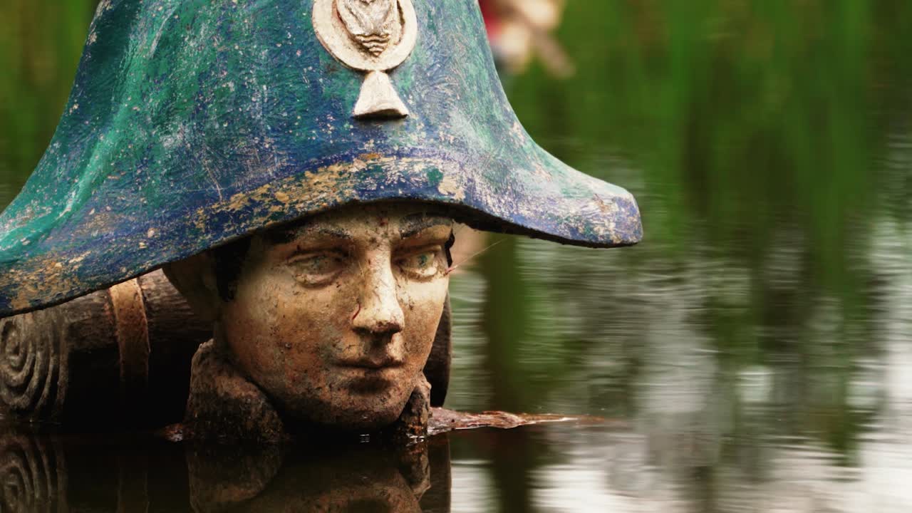 깊은 물 속 에 있는 나폴레옹 의  ⁇ 손 된 동상 의 가까운 초점