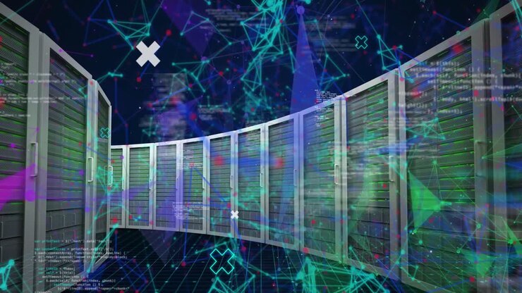 Animation of data processing and shapes over server room