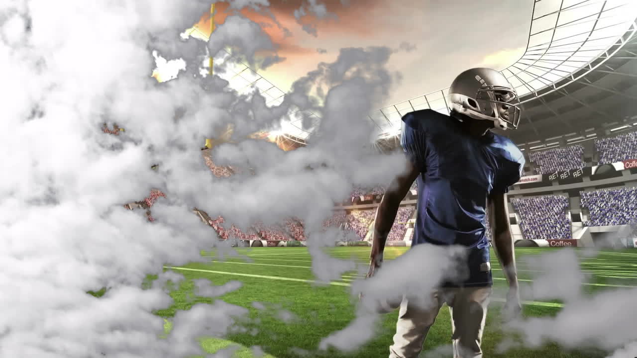 In stadium, American football player running with dramatic smoke animation on field