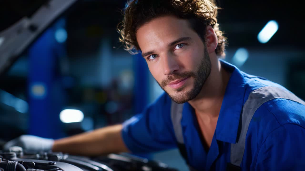 Ein erfahrener Mechaniker, der sich mit der Wartung von Autos beschäftigt und dabei Fachwissen und Präzision in der Autoreparaturbranche unter Beweis stellt, wobei der Schwerpunkt auf der Inspektion des Motors liegt