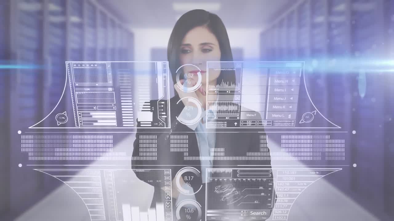 animación de una mujer de negocios con pantalla táctil con procesamiento de datos