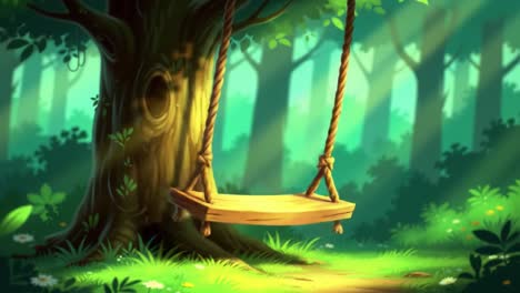 enchanting forest swing surrounded by lush greenery, capturing a serene moment of nature's beauty and tranquility in a magical woodland setting.
