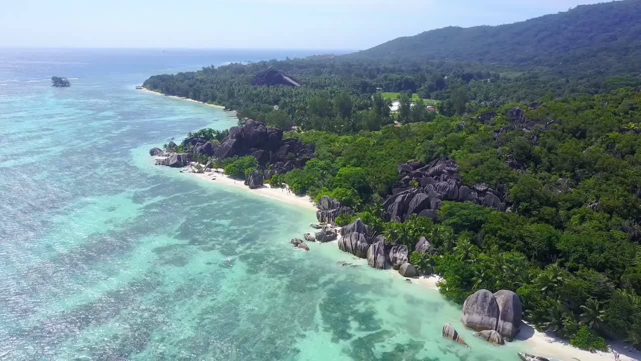 Africa, Oceano Indiano, Seychelles, La Digue, Spiaggia Anse Source d'Argent, Riprese con drone