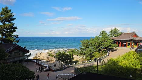 wide angle overview of gangwon hyuhyuam hermitage along the coastline, showcasing the peaceful ocean and the temple nestled in the cliffs, tourists admiring ancient korean architecture in summer