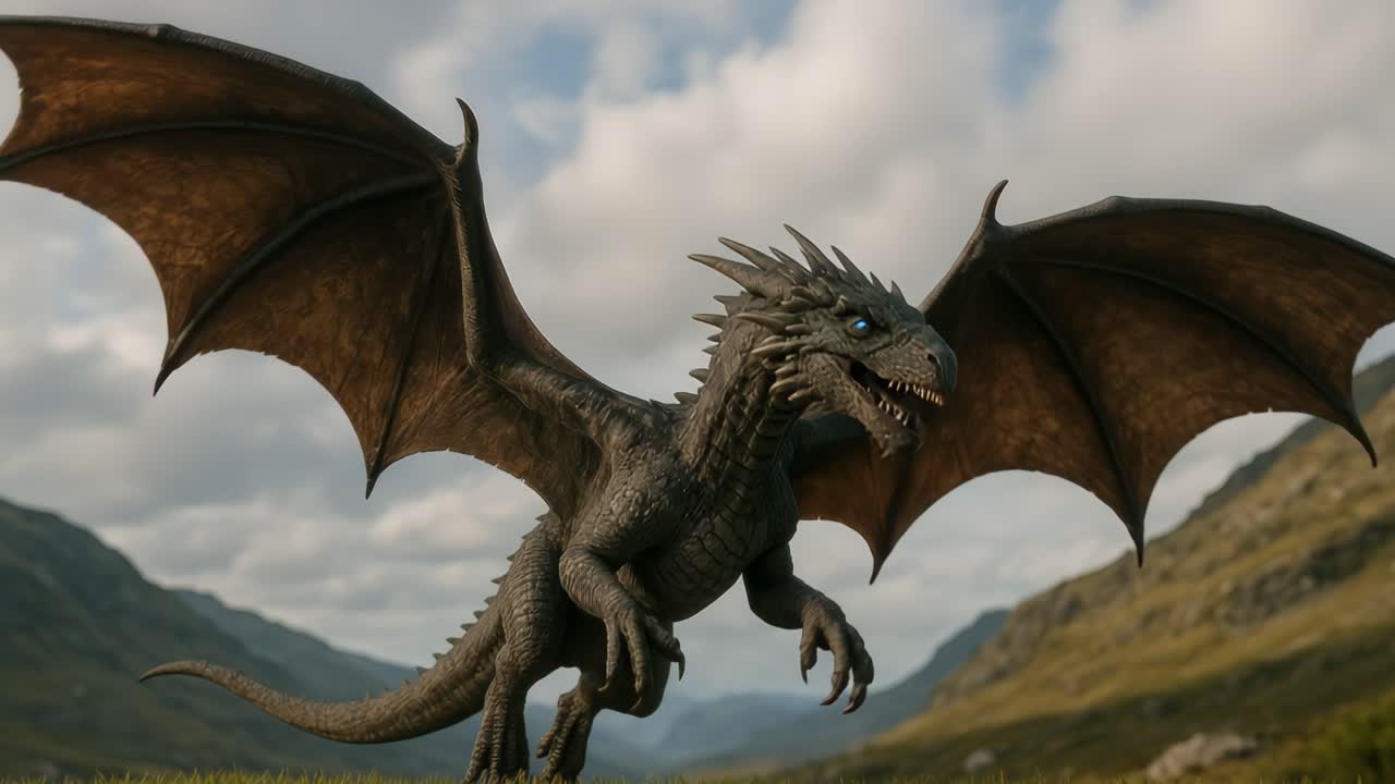 Scena fantasy epica di un drago in volo, catturata da un'angolazione bassa, stile video cinematografico
