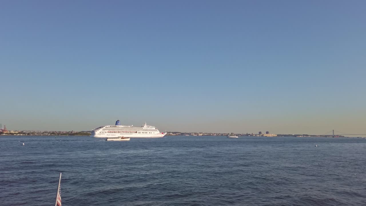 Cruise ship floating on Hudson river near New York