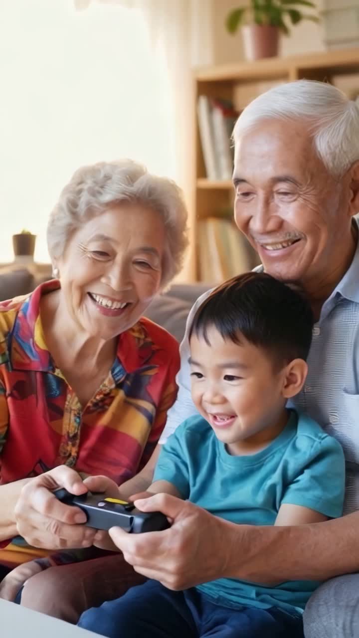 Nonni e nipote che giocano ai videogiochi.