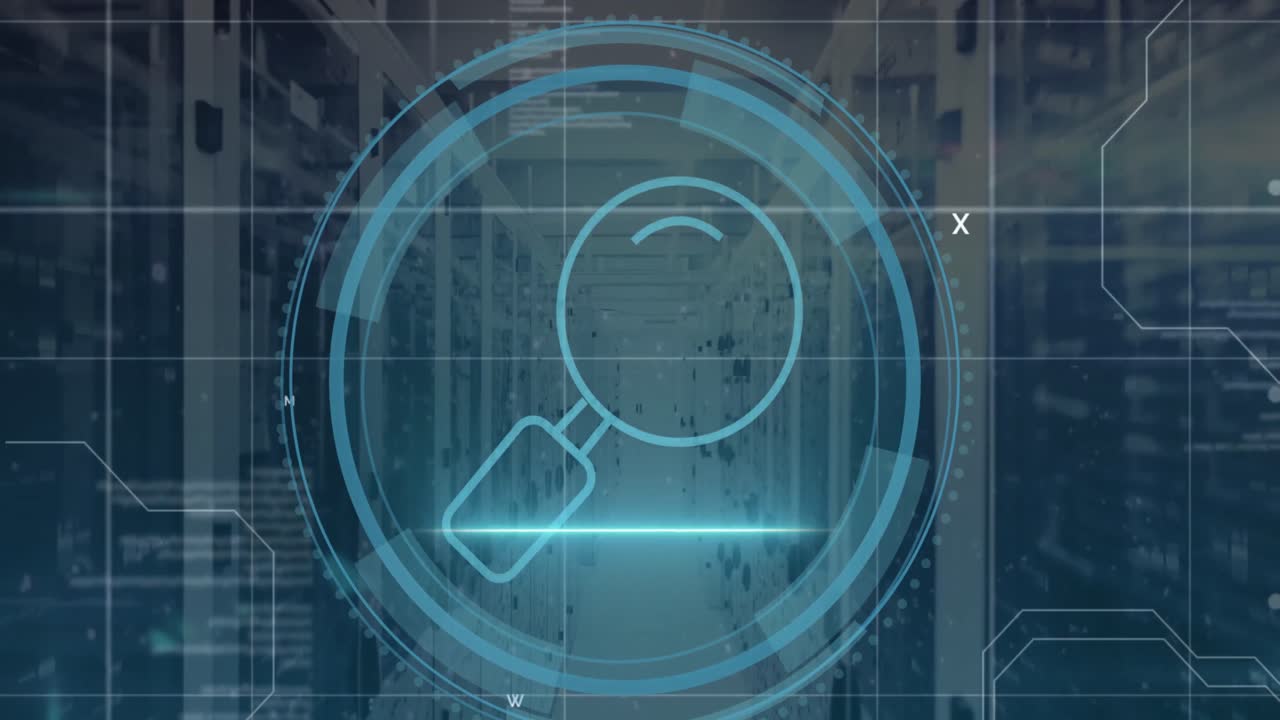 animación de banner de texto de seguridad cibernética y procesamiento de datos contra la sala de servidores de computadoras