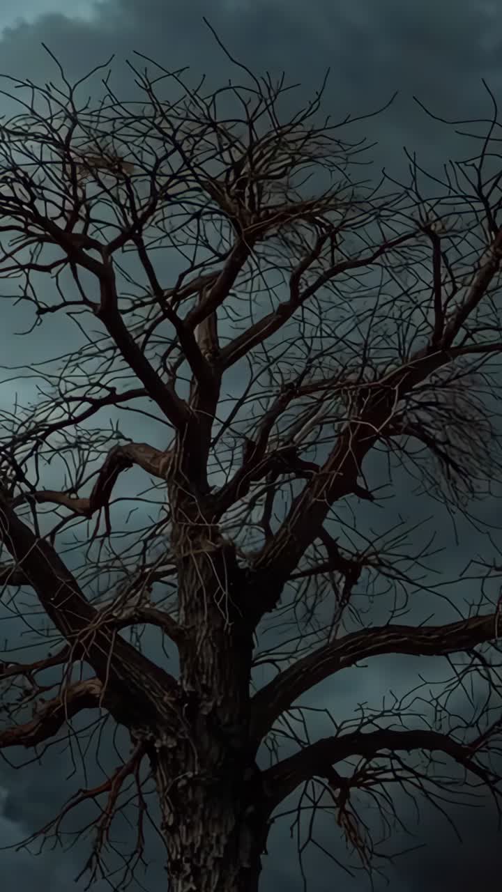 Vertical video: Recording deciduous tree standing in field showing bare limbs against overcast sky