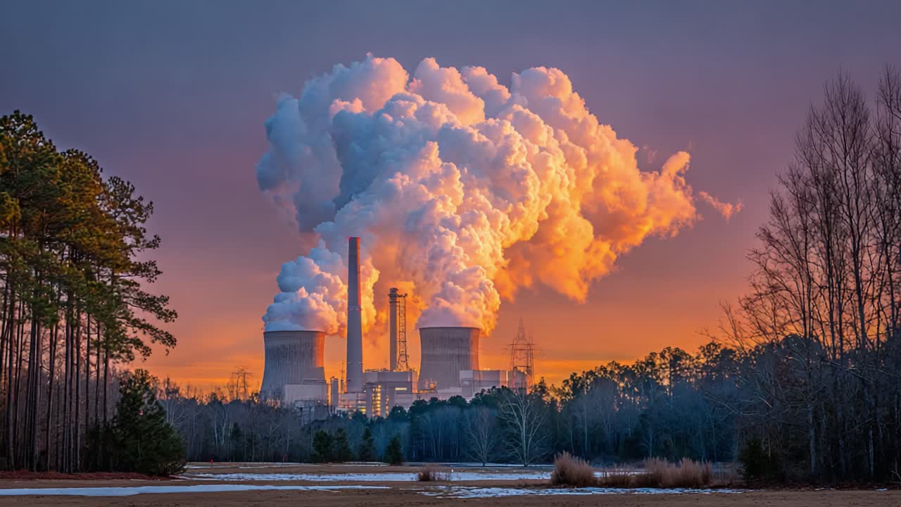 Majestic Power Plant Landscape at Sunset: Clouds of Steam Erupt from Cooling Towers Against a Vibrant Orange and Purple Sky