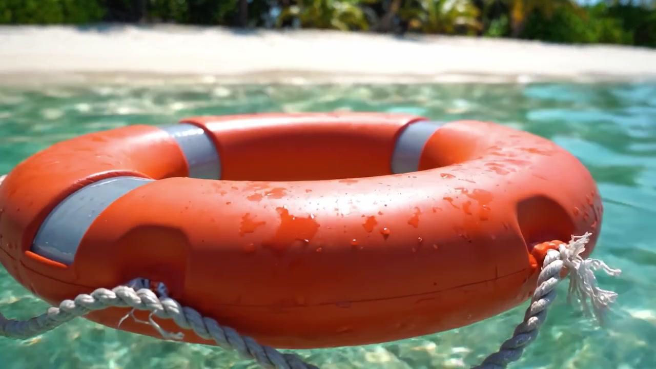 A Bright Orange Lifebuoy Floats Gracefully on Crystal Clear Water Near a Serene Tropical Beach, Symbolizing Safety and Relaxation in a Scenic Environment