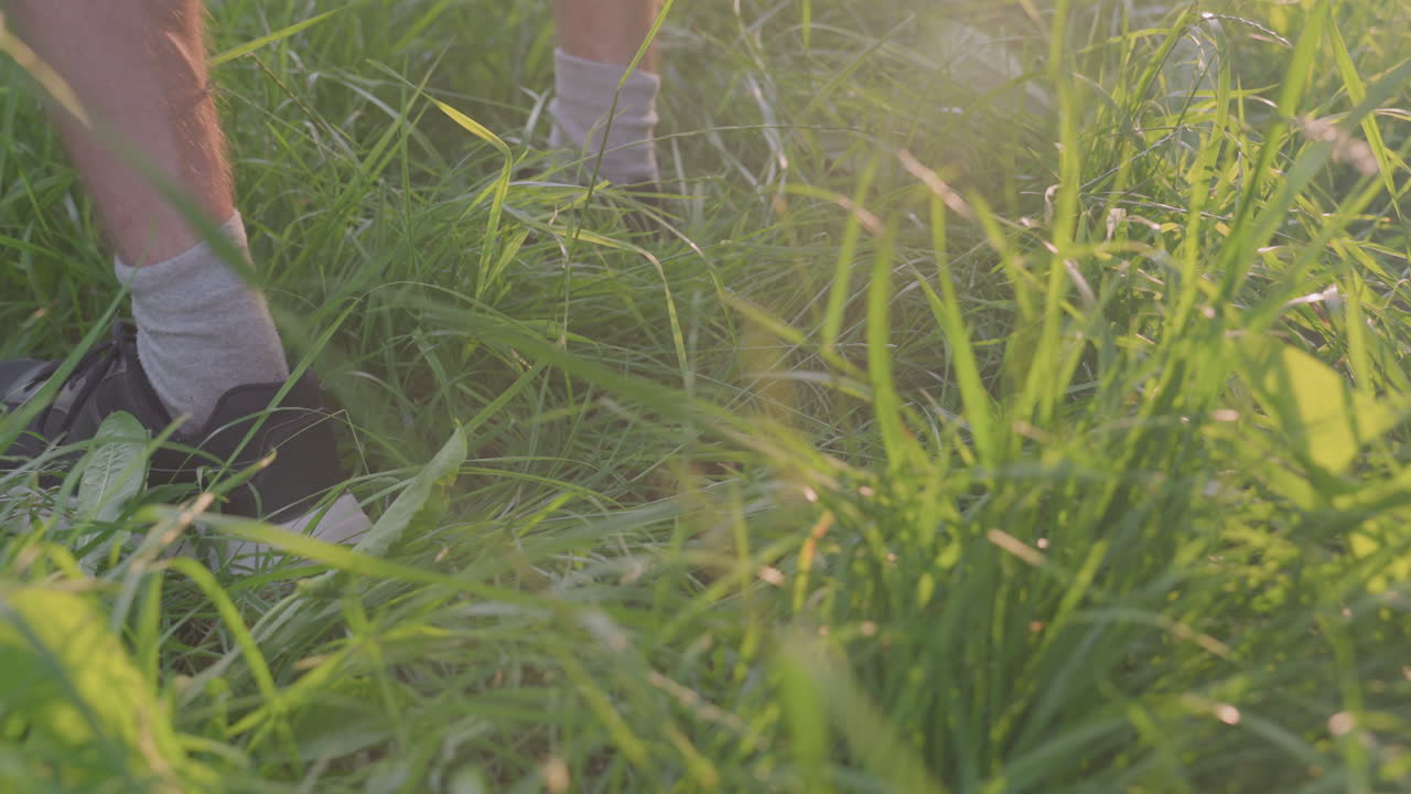 Young Person Crouching In Tall Grass, Sneakers And Socks Visible, Golden Backlight, Fidgeting Hands, Tense Breathing, Closeup Legs Moving Through Blades, Subtle Paranoia Mood, Solitary Summer Scene