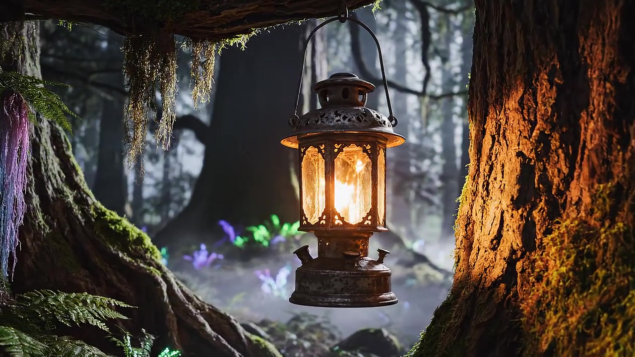 Lanterna antica appesa in una foresta nebbiosa incantata di notte.
