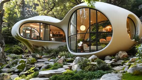 a house in the middle of a lush green forest