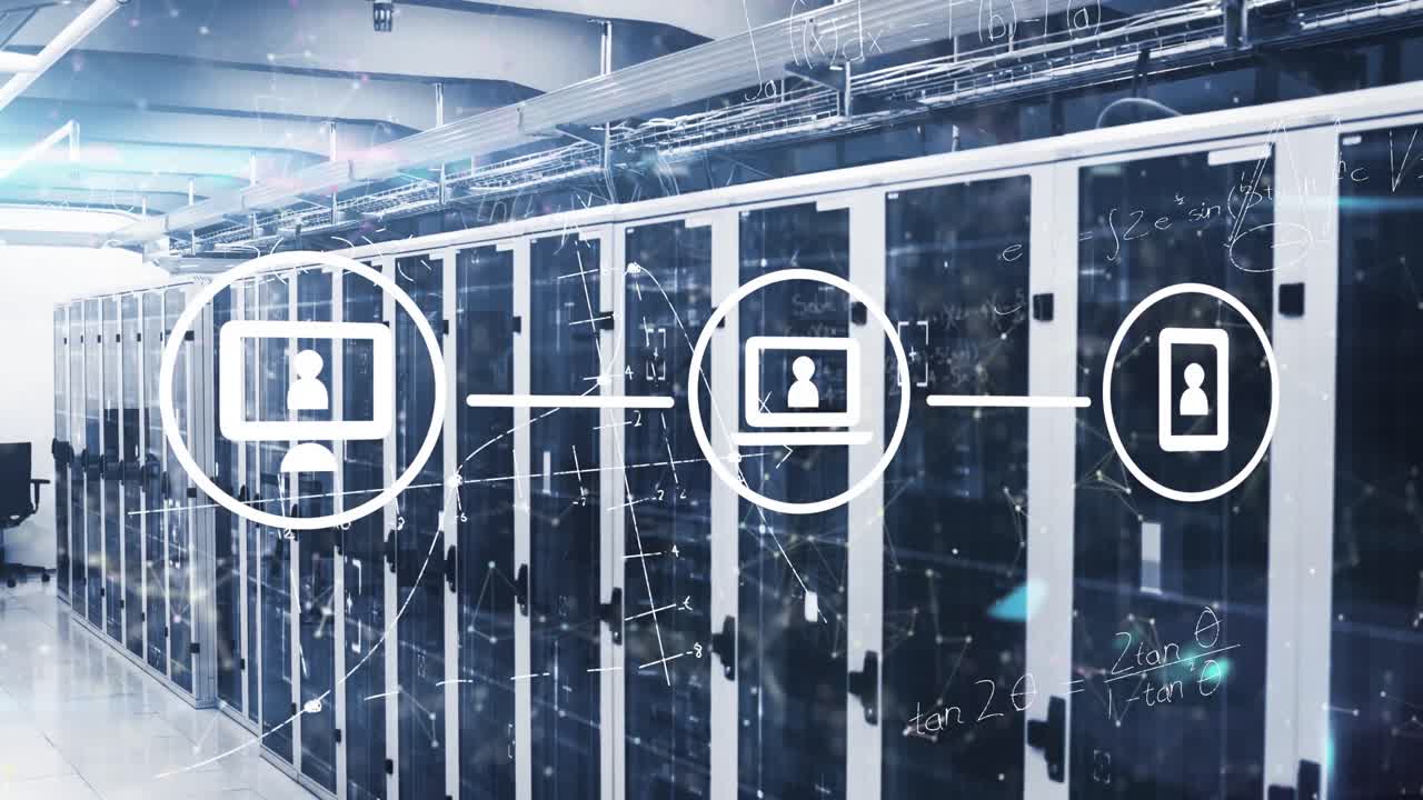 animación de diagrama de flujo con ecuación matemática y diagramas sobre puntos conectados en la sala del servidor