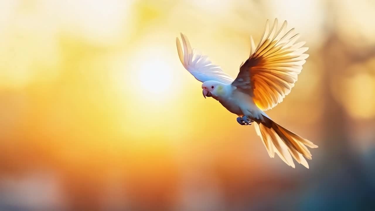 A bird in flight against a warm, blurry sunset background