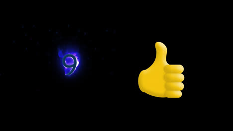 digital animation of thumbs up icon and number nine on fire icon against black background