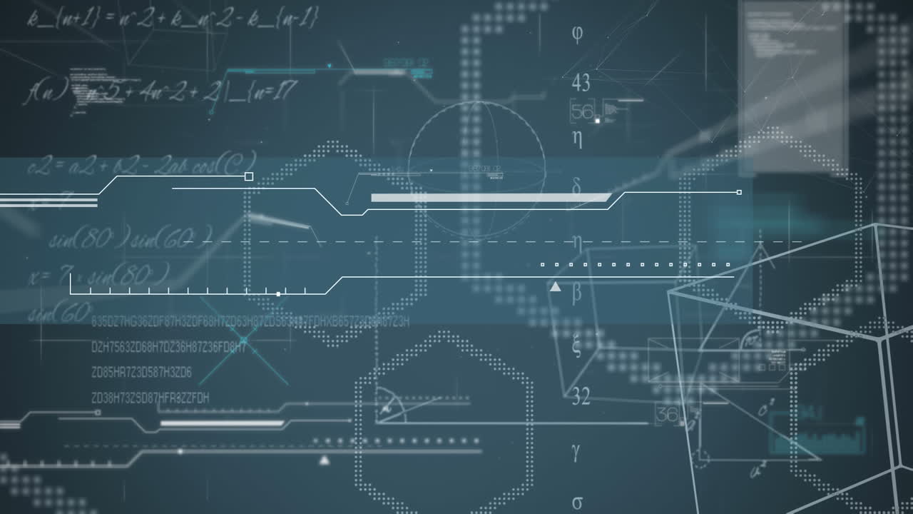 기하학적 모양의 애니메이션과 데이터 처리 및 파란색 배경의 화면 네트워크