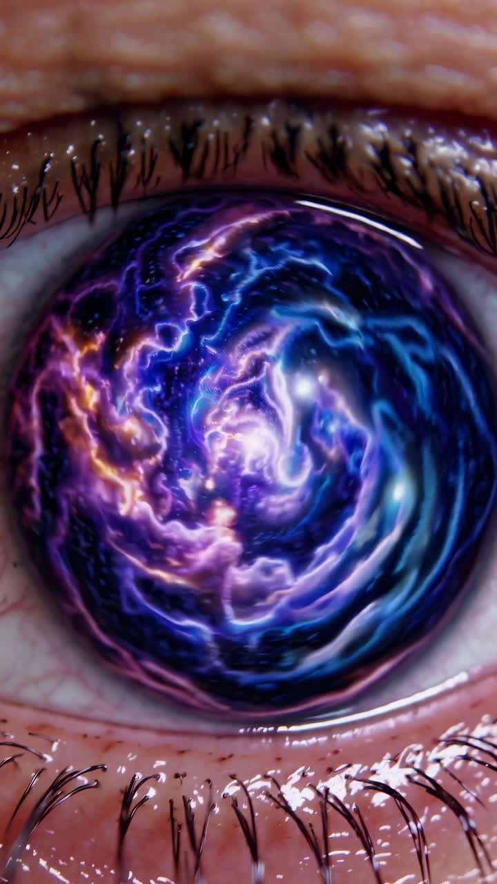 Concetto di video ravvicinato di un occhio che riflette una galassia vorticosa, creando un effetto cosmico