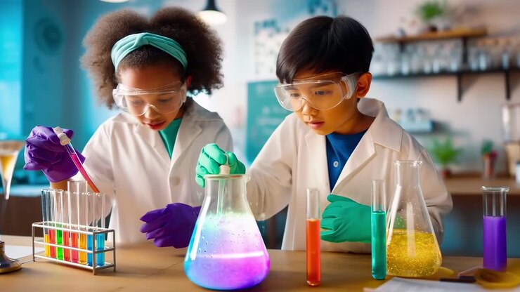 Children in lab coats conduct experiments. Eye-level angle, vibrant colors. Video concept